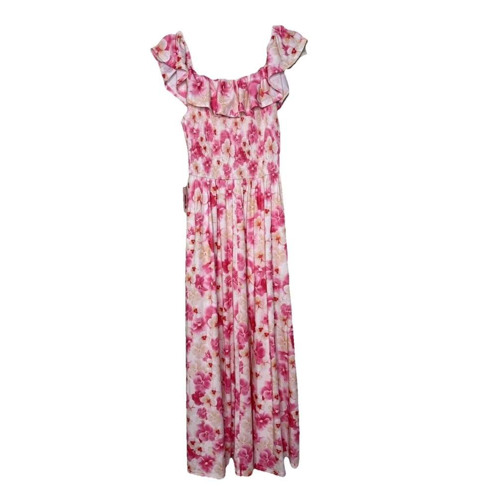 Grace Karin Dress Women's S Pink White Floral Ruffle Neckline Maxi Pockets New